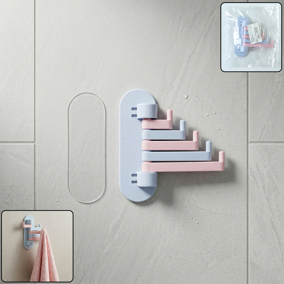 Wall-mounted, multi-arm folding hook rack